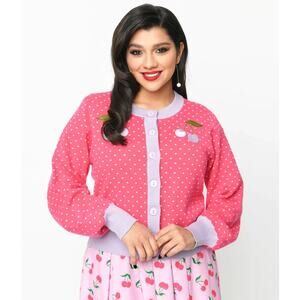 MODCLOTH x UNIQUE VINTAGE Polka Dot Cherry Cardigan Pink Purple Sz XL/1X {3G9}